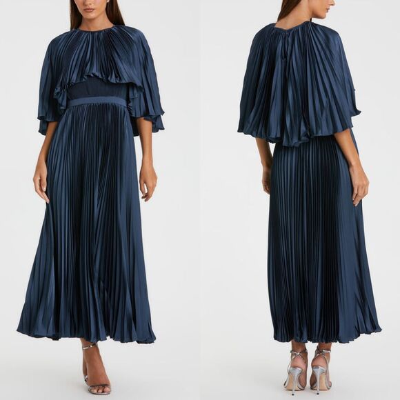 Mac Duggal NEW Midnight‎ Blue Pleated Caplet Tea-length...